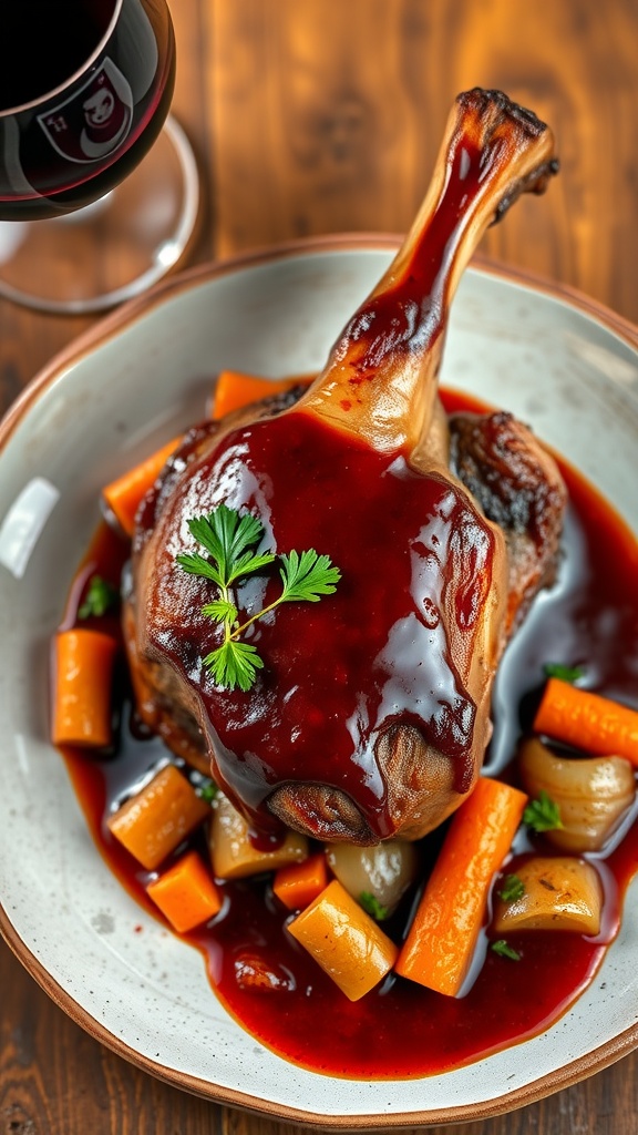 Savory Braised Duck Leg with Red Wine A plated braised duck leg with red wine sauce, garnished with parsley, served with sautéed vegetables.